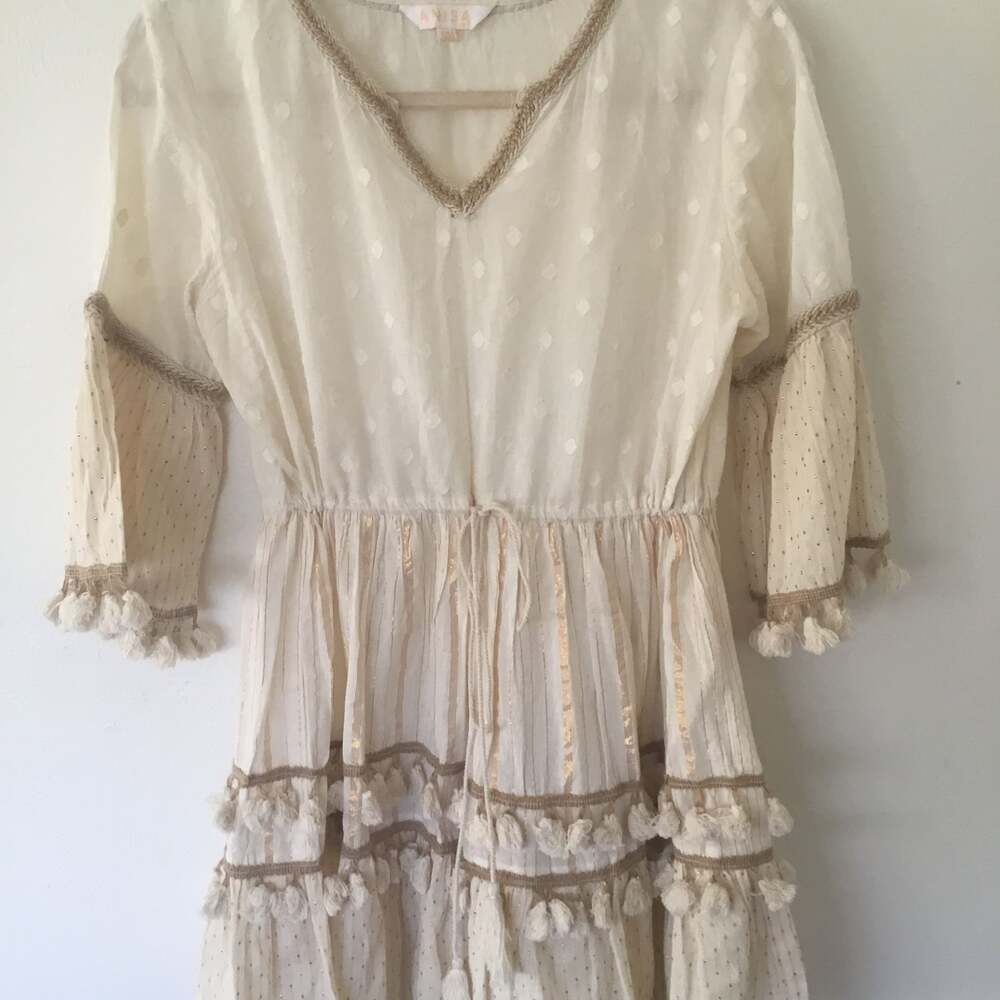 NWOT Anisa Minie dress Tassel Trim Drawstring Tiered 100% cotton